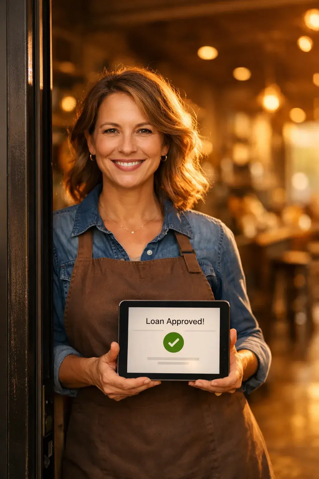 Business owner celebrating loan approval on a tablet